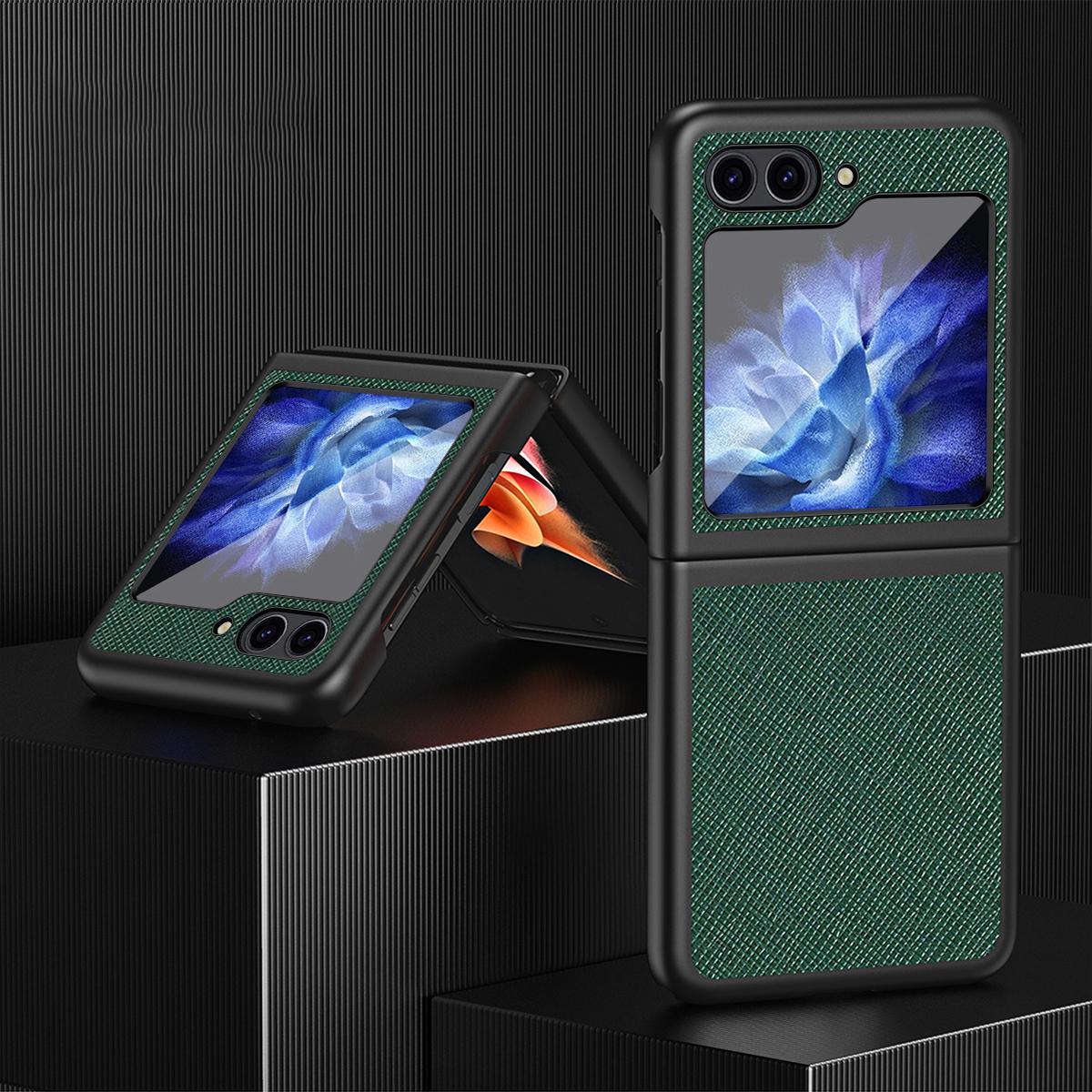 

For Samsung Galaxy Z Flip6 5G/Z Flip5 5G Case Shockproof Cross Texture PU Leather+PC Phone Cover Green