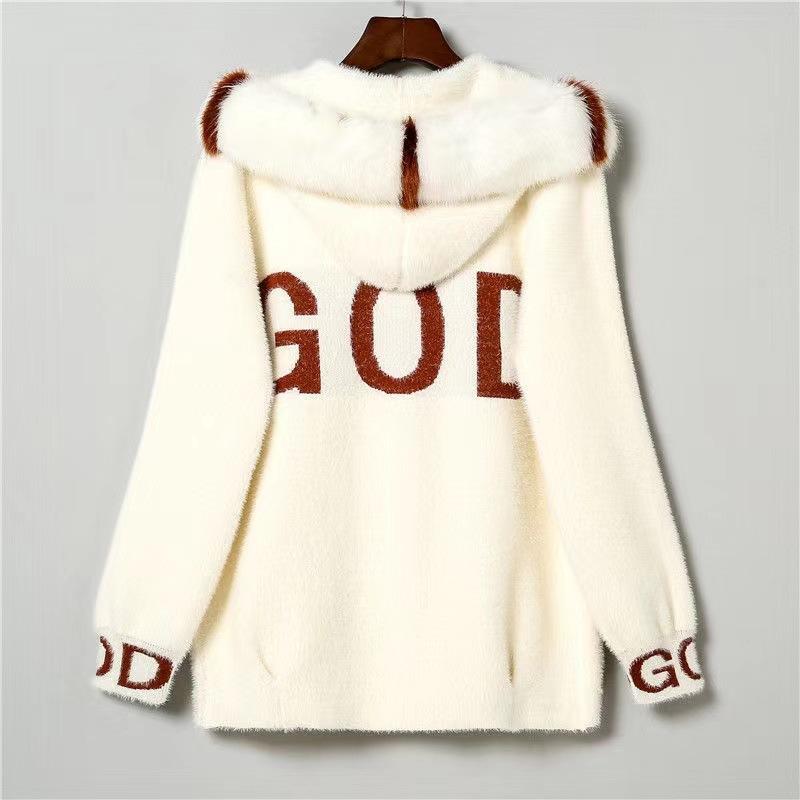 

Зимнее мохеровое пальто для женщин, свободный повседневный вязаный свитер, пальто с капюшоном, женские буквы, толстый теплый длинный кардиган S белый