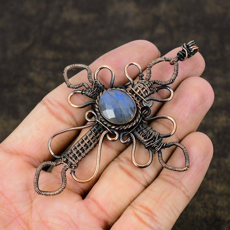 Piedra Preciosa Labradorita Natural Hecho a Mano Envoltura de Alambre de Cobre Colgante 3.59" s3v41