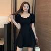 Summer New Square Neck Bubble Sleeves Sexy Backless Waist and Thin Temperament Hepburn Style Black Dress