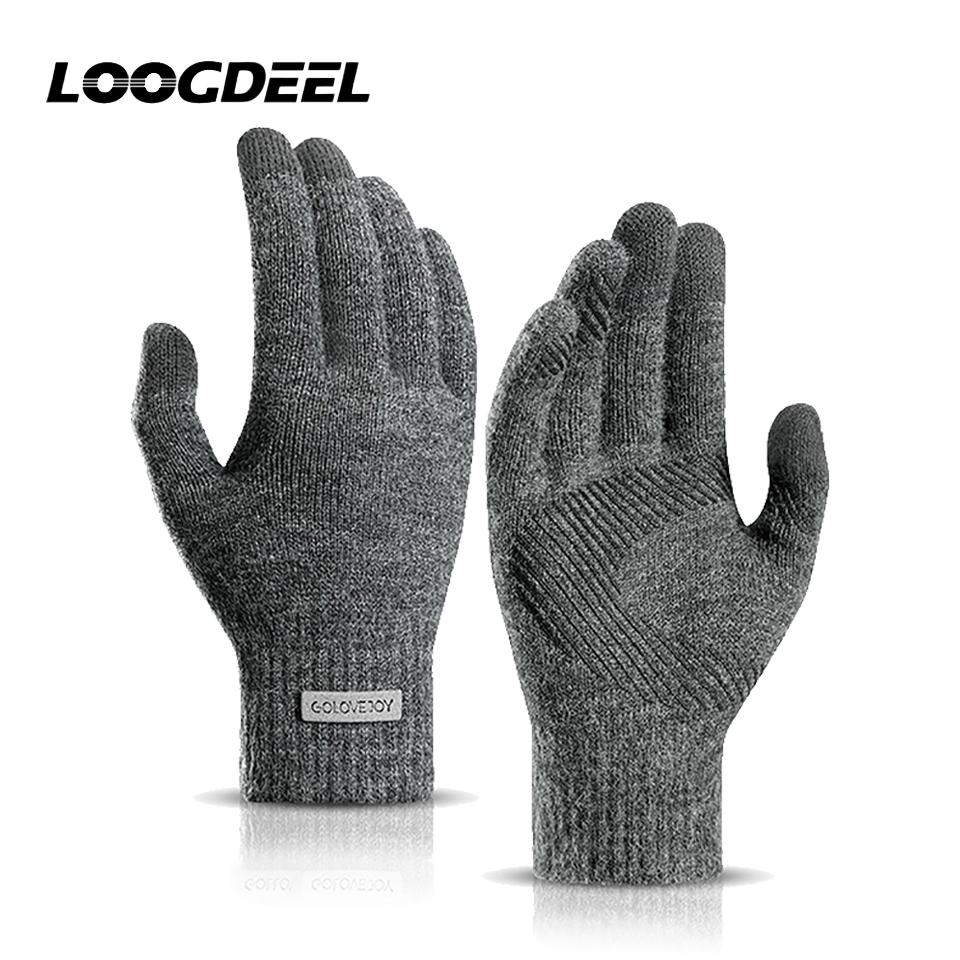 Loogdeel Men Winter Fleece Gloves Non-Slip Touch Screen Acrylic Soft Thick Knitted Warm Cycling Office Gloves