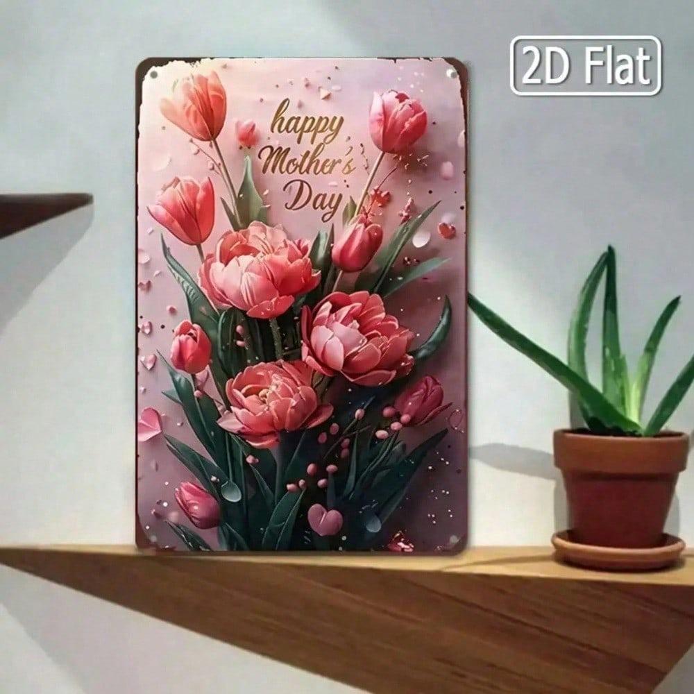 Pink Tulip Floral Tin Sign Rustic Farmhouse Wall Decor Mother's Day Gift 8x12in