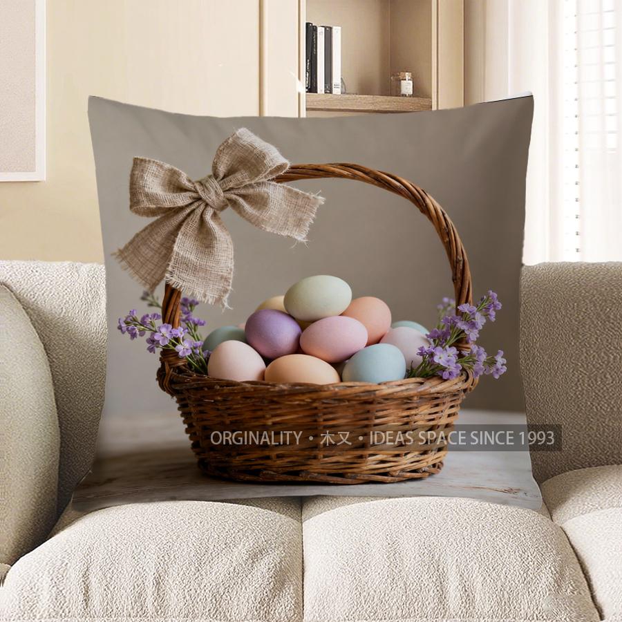 D Colorful Eggs Basket With Purple Flowers Pillow Cover Pattern Cushion Cover Suitable For Sofa Bedroom Car Pillow Cover