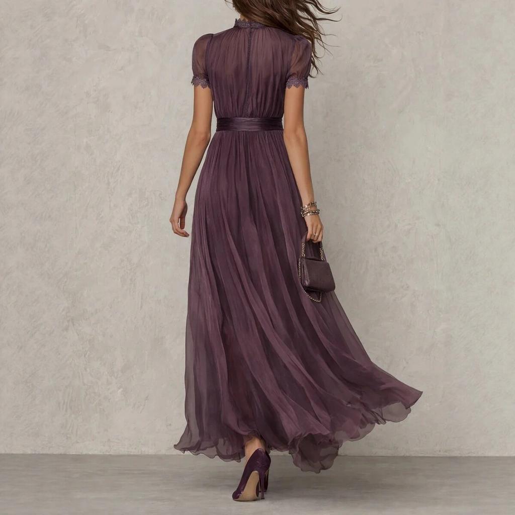 New European and American style independent station, purple long dress temperament turtleneck lace splicing elegant chiffon dress