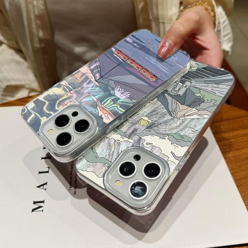 Cartoon Mountain Print Glitter Phone Case For iPhone 16 15 Pro Max 14 Pro 13 12 11 Clear Shockproof Hybrid TPU PC Glossy Slim Cover