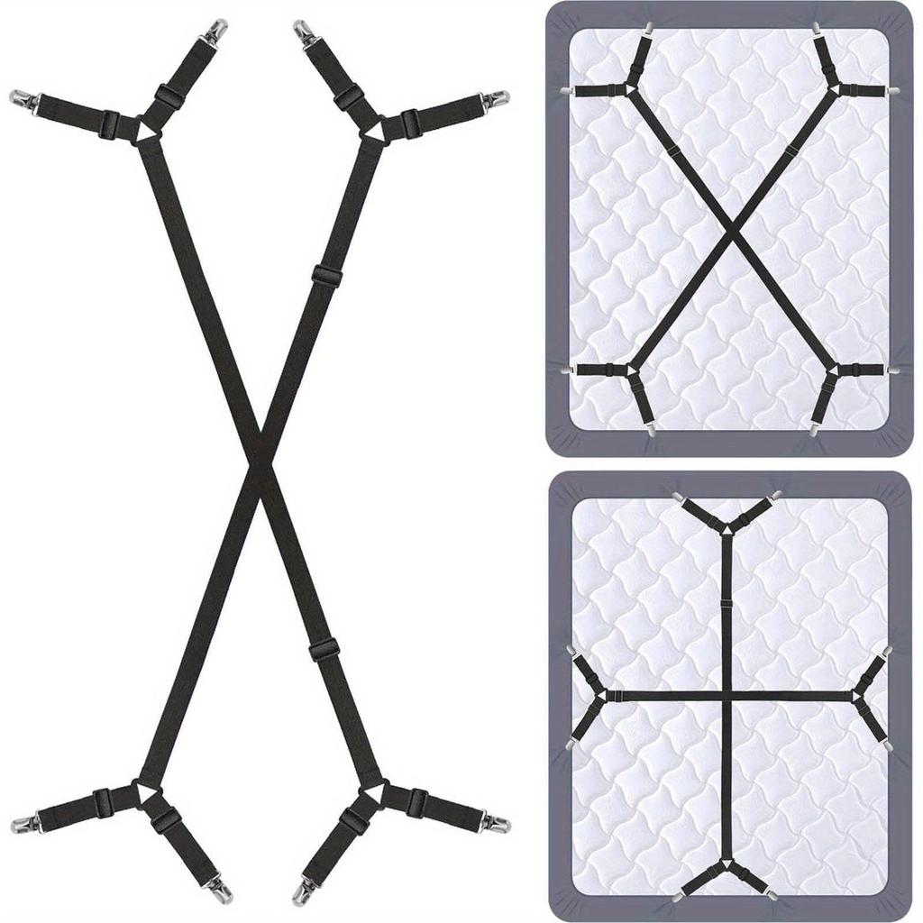 Sangle de support de drap réglable en 2 pièces - Support croisé pour toutes les tailles de matelas, attaches triangulaires élastiques, nylon noir, support de drap