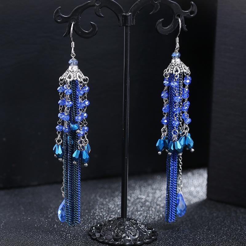 Retro trendy bohemian crystal fringed earrings 925 silver stud earrings temperament long women's personalized earrings