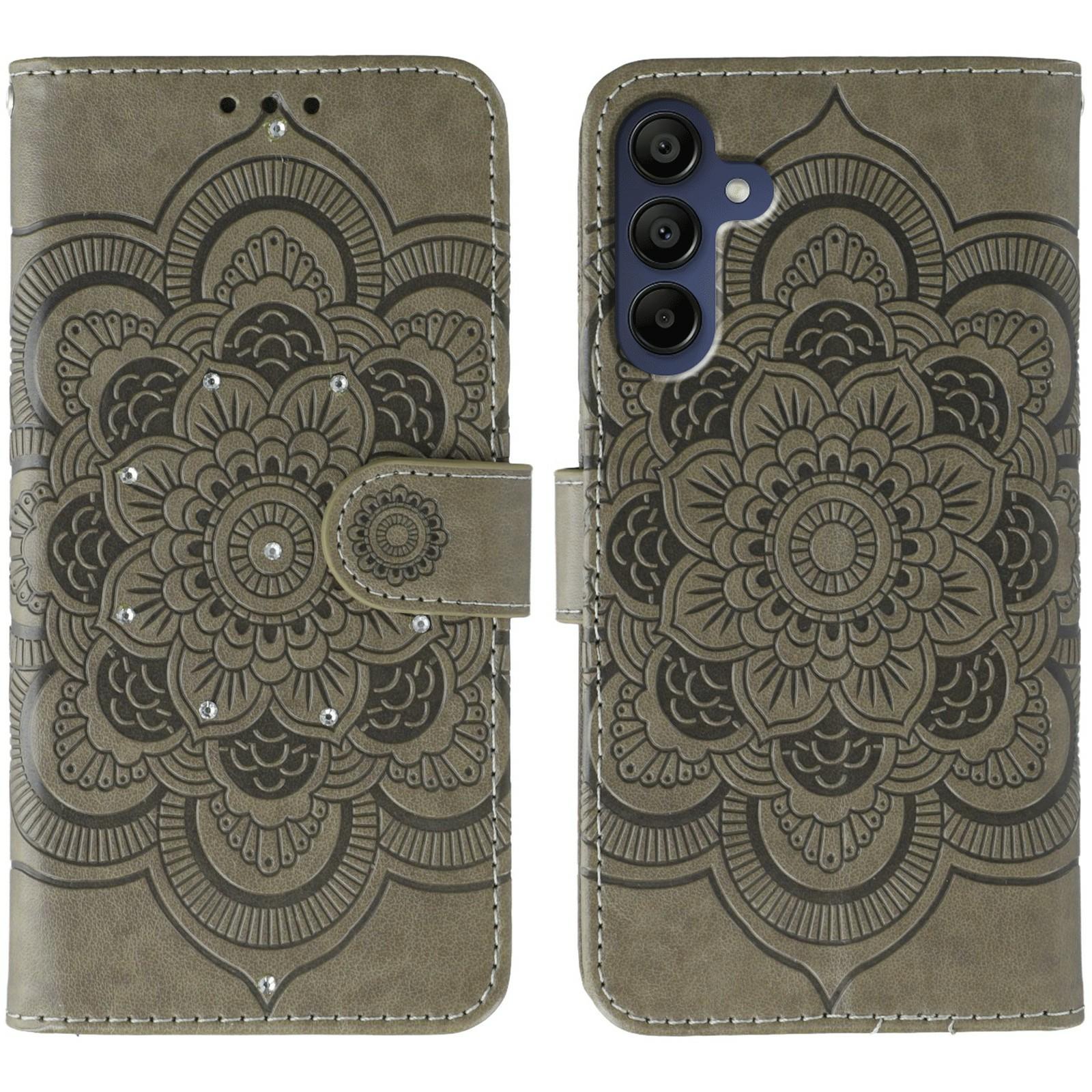 

For Samsung Galaxy A56 5G Case Rhinestone Decor PU Leather Mandala Imprinted Design Phone Cover with Wrist Strap Grey