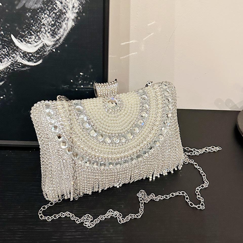 Rhinestones Tassel Clutch Diamonds Beaded Metal Evening Bags Chain Shoulder Messenger Purse Evening Bags for Wedding Bag