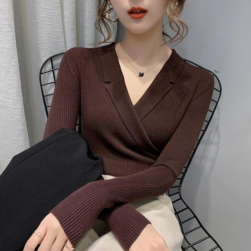 V-neck Solid Color Sweater Women's Inner Wear Autumn and Winter New Foreign Style Slim-fitting Outer Wear Pullover Knitted Sweater