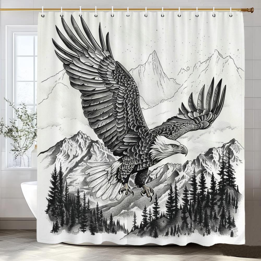 1 Piece Black Line Landscape And Eagle Shower Curtain, Bathroom Decorative Shower Curtain, Waterproof Shower Curtain With Hooks