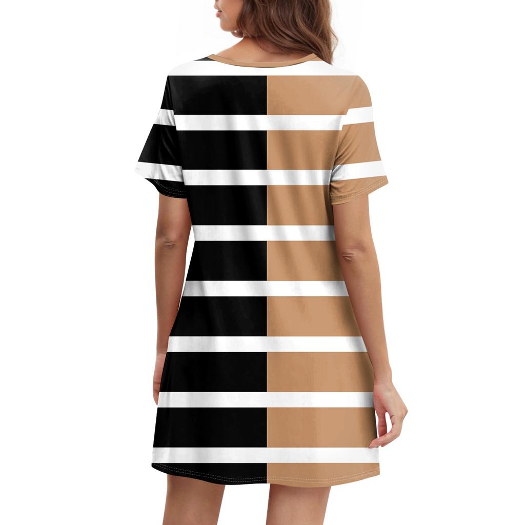 Damen Sommer Casual Rundhals Plissee Mit Taschen Bedruckte Kurzarmkleider