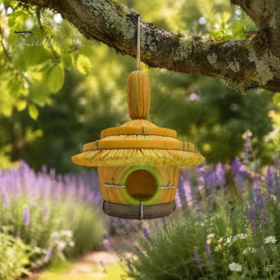 Hanging Bird Nest for Backyard Thatched Hut House, Decorative Resin Weatherproof Small Animal House Trees Shelter Outdoor Garden Decor Unique Birds