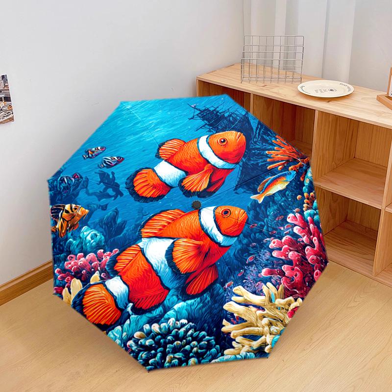 1 Stück Automatischer Faltregenschirm - Clownfisch-Muster, Tragbares & Faltbares Design mit 8 Speichen, Weihnachts-Geburtstagsgeschenke
