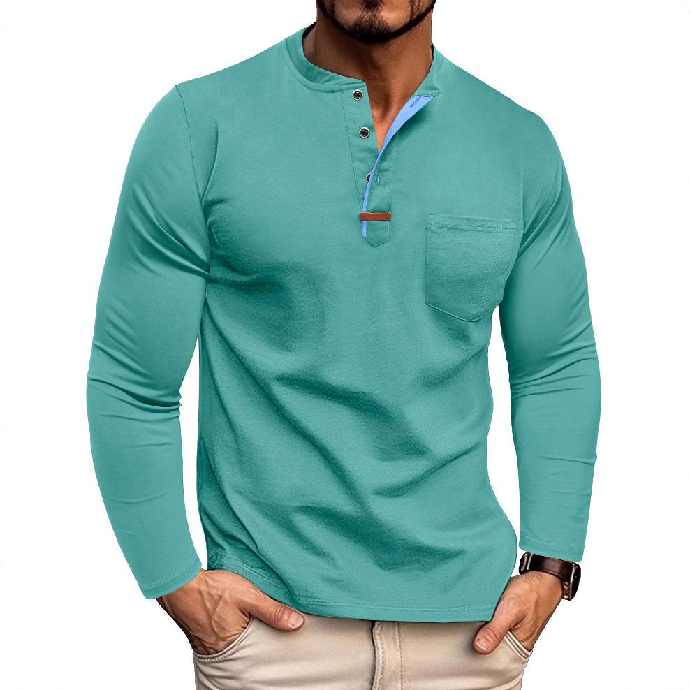 Long Sleeve Henley Shirt Men's Round Neck T-Shirt Color Block Top Tee Men's Color Block Design Base Shirt