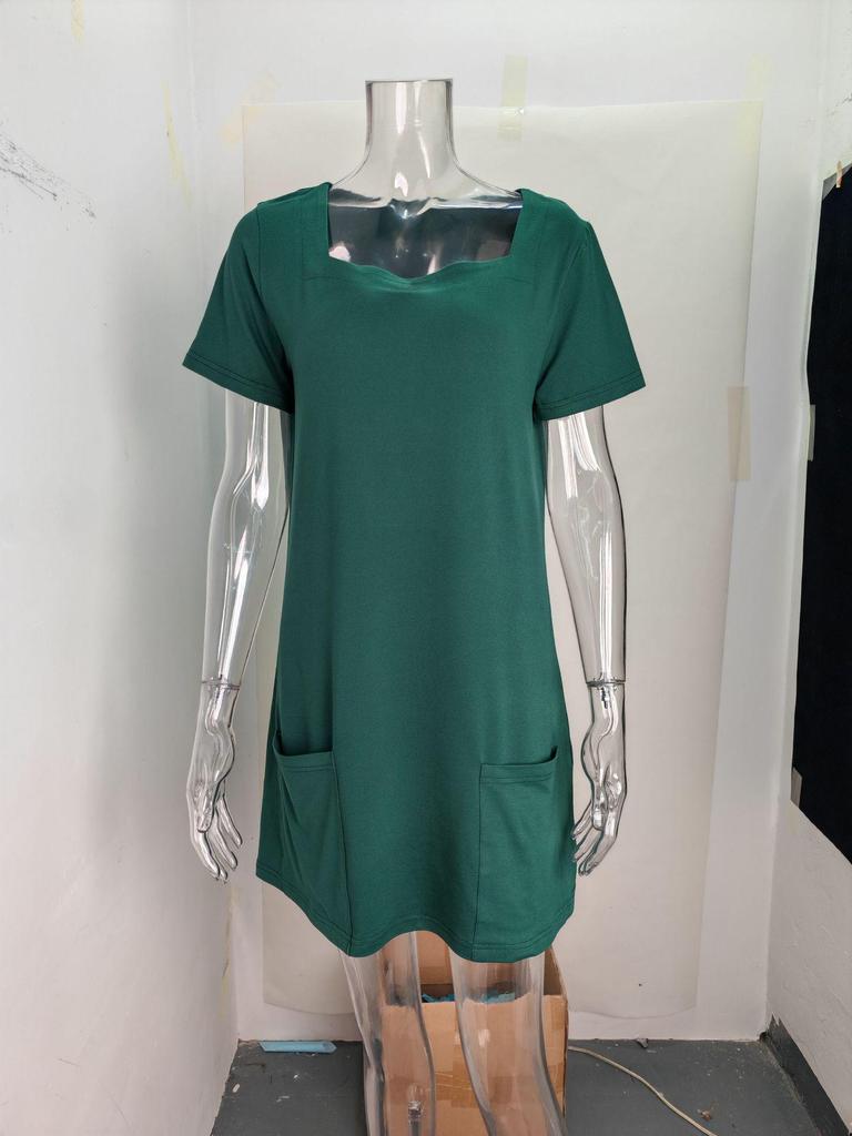 European and American Fashion: Women's Square Neck Short Sleeve Pocket Dress