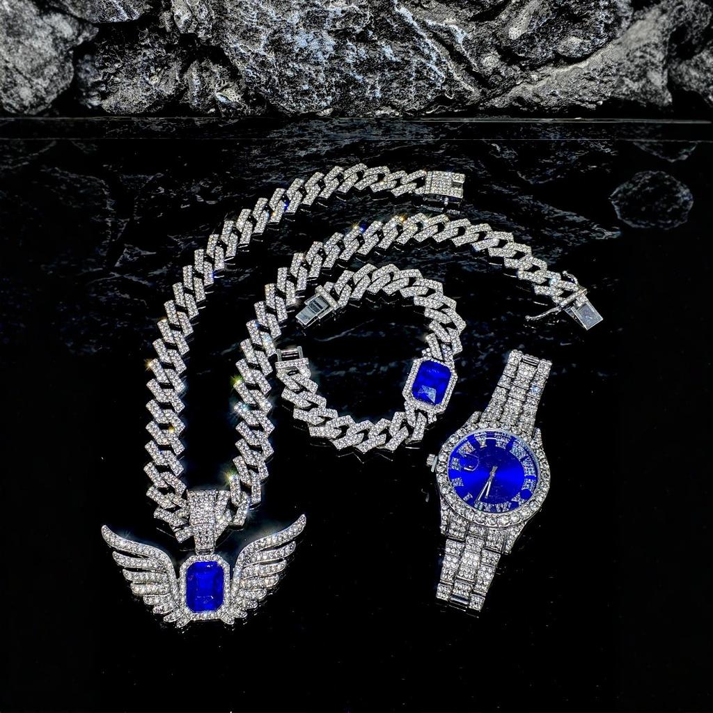 Stock Gold Men's Jewelry Set Alloy and Bling Rhinestone Iced Out Hip Hop Quartz Watch Bracelet Wing Pendant Necklace
