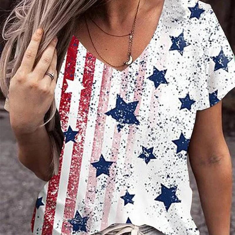 Summer V-neck 3D American Flag Printed Top Fashionable Casual Short Sleeved Women's T-shirts