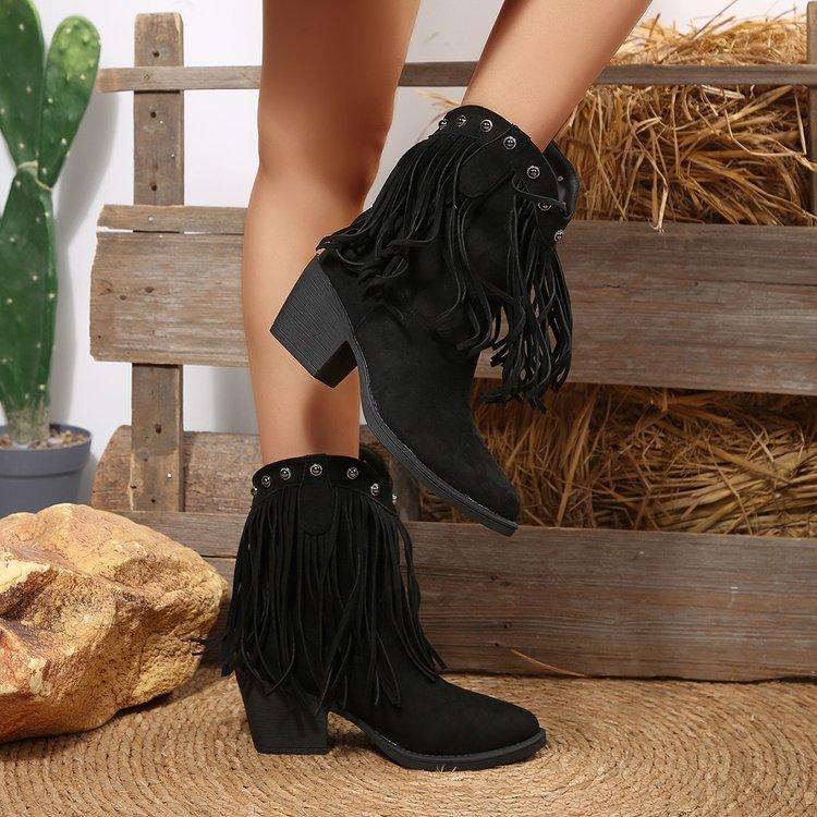 Large Size Cowboy Tassel Pointed Head Square and V-mouth Knight Boots Autumn and Winter Mid-tube Knee Women's Boots