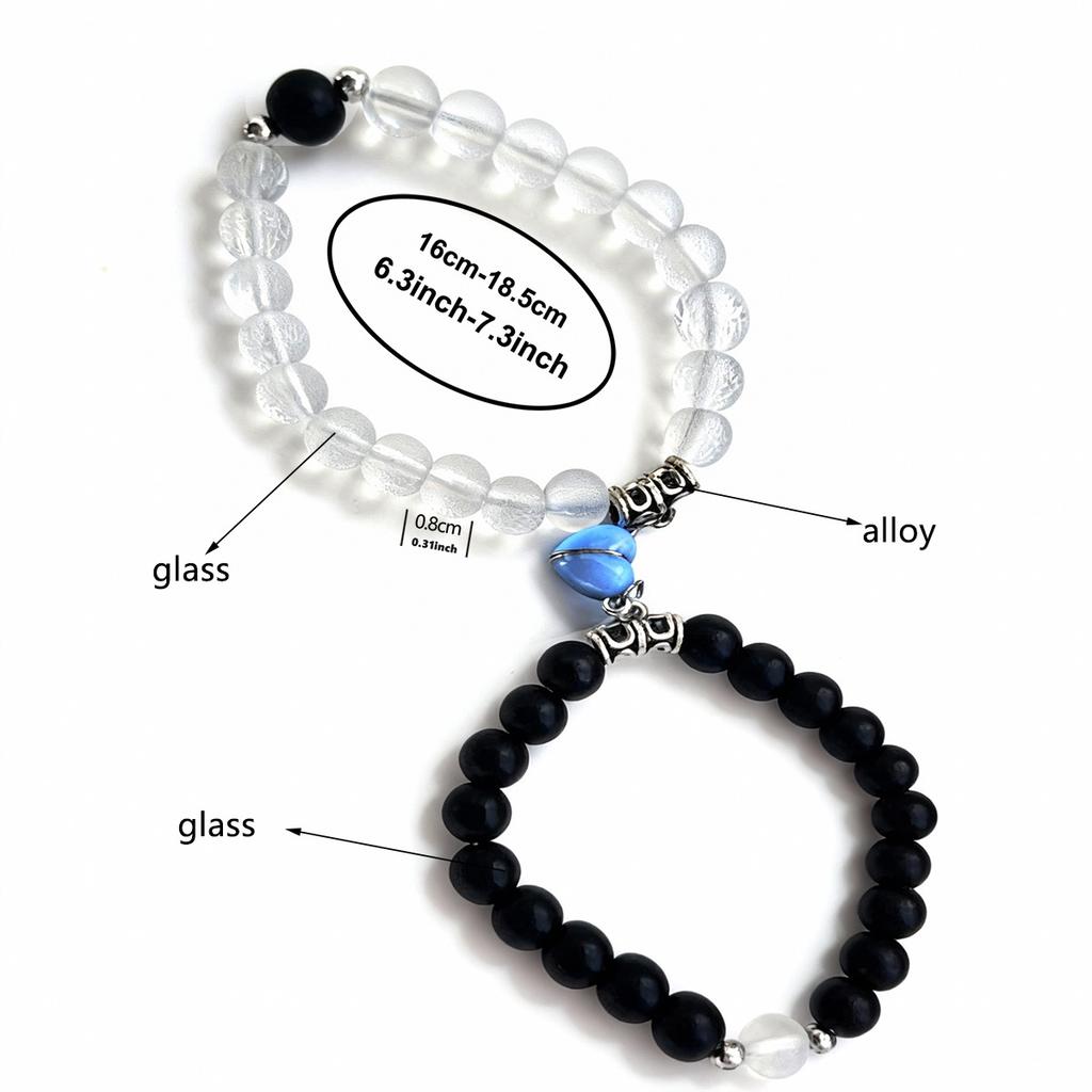 Magnetisches Partnerarmband Set Schwarz Weiß Mattierte Perlen Blaues Herz-Symbol Passender Schmuck für Verliebte Valentinstagsgeschenk Minimalistischer Stil Bequem