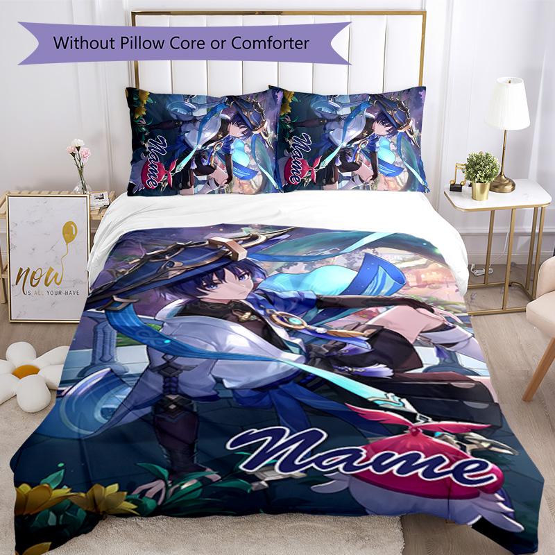 3pcs Genshin Impact4 Cover Set - Personalized Name, HD Printed Bedding with 1 Cover and 2 Pillowcases - Perfect for Home Decor, Easy Care