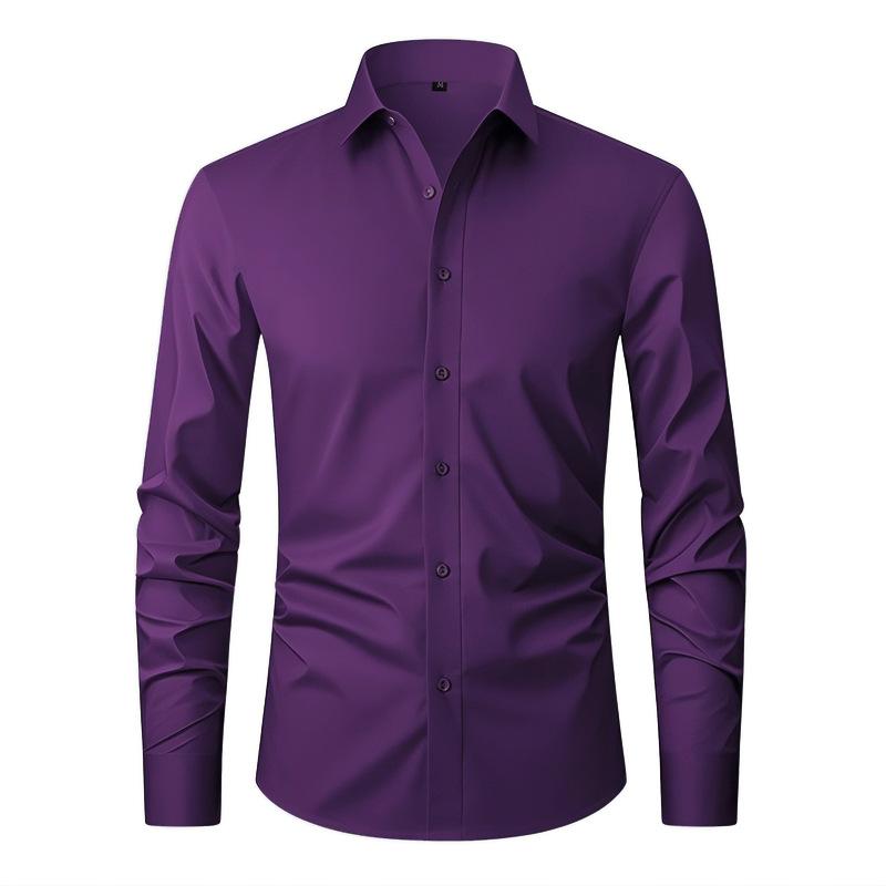 Men's Four-sided Elastic Solid Color Single Breasted Buckle Non-iron Shirt Anti-wrinkle Business Shirt