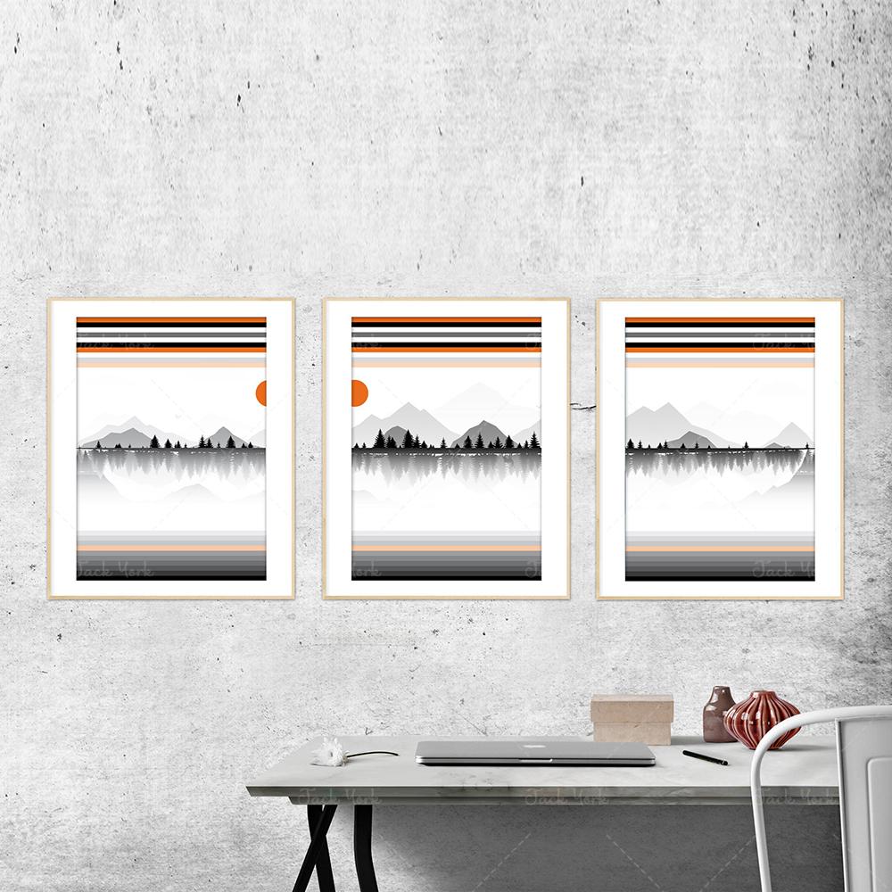

Mountain Reflection Print Set, Modern Scandinavian Landscape, Black and White Nordic Panorama,