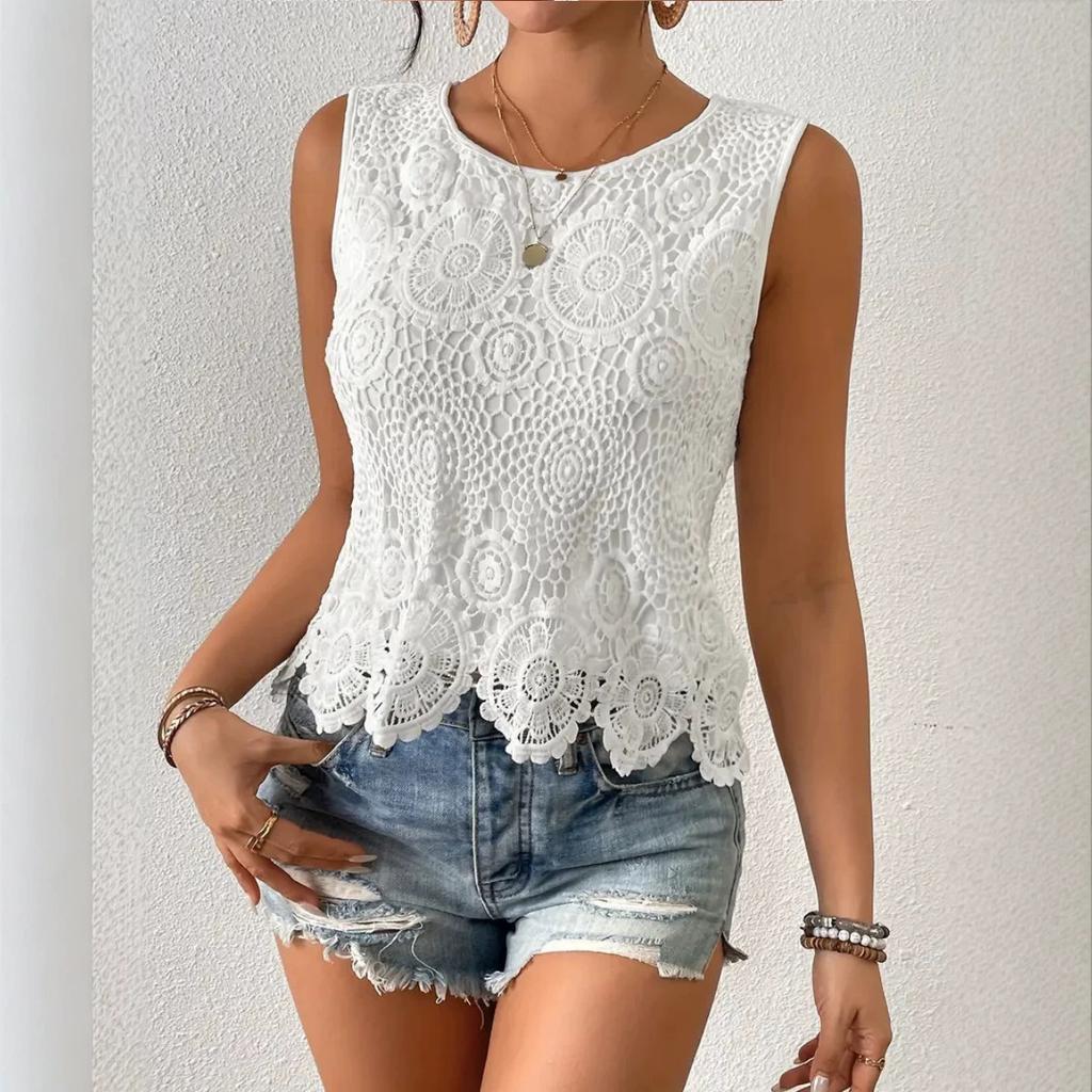 Women Crochet Lace Tank Top Sleeveless Round Neck Hollow Out Summer Boho Beach Top Solid Color Casual Cami