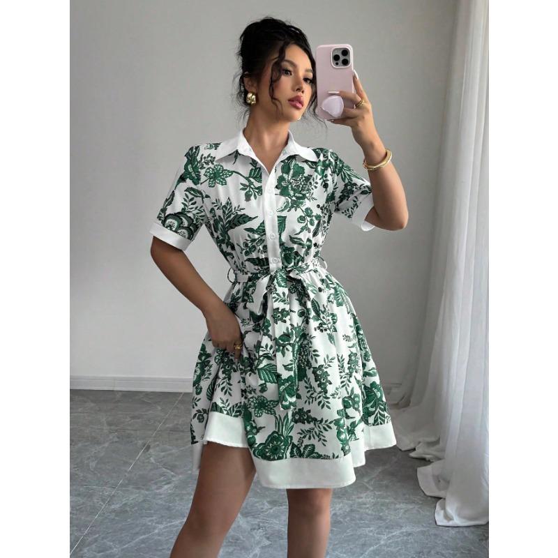 YYFS Women's Fashion Summer Spring Flower Pattern Print Short Sleeve POLO Neck High Waist  Casual Dresses
