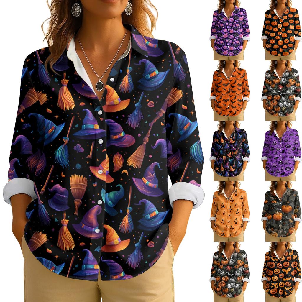 Cămașă Casual cu Mâneci Lungi cu Guler, pentru Femei, cu Nasturi, cu Imprimeu Retro de Halloween