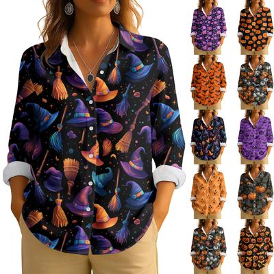 Women's Retro Halloween Printed Button Up Long Sleeved Casual Regular Shirt Collar Top