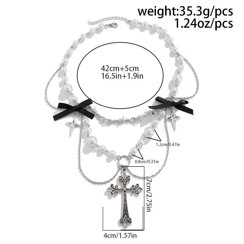 Punk metal cross faux pearl tassel necklace - sweet & cool ins style bowknot choker