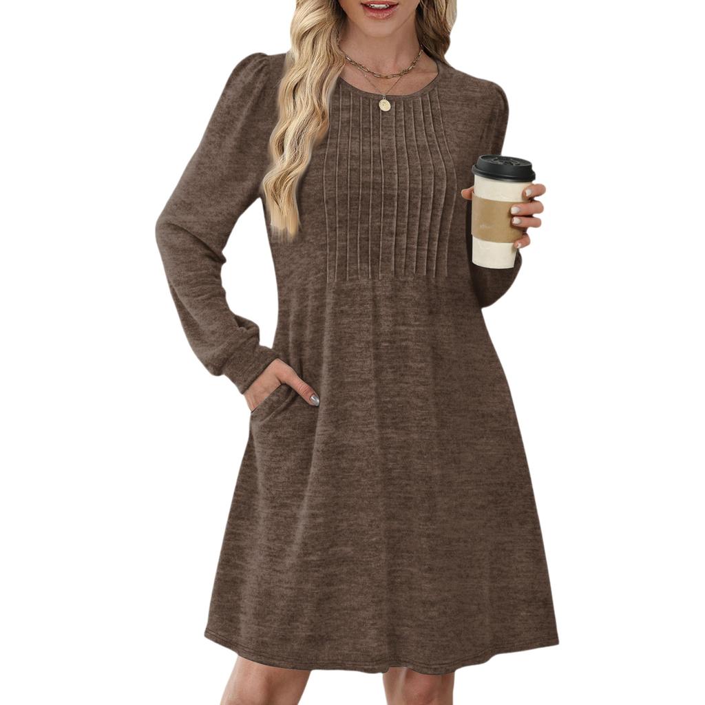 Women's Long Sleeve Pleated Round Neck Solid Color Casual Dress With Pockets
