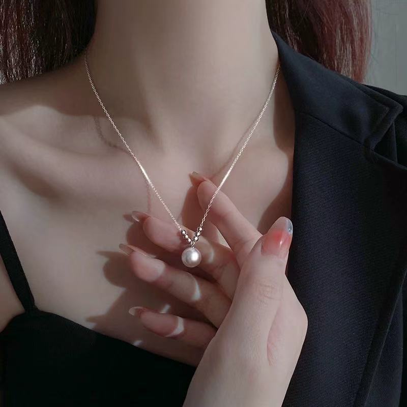 S925 Sterling Silver Shijia Single Pearl Necklace Women's Spring and Summer Round High-end Clavicle Chain Does Not Fade