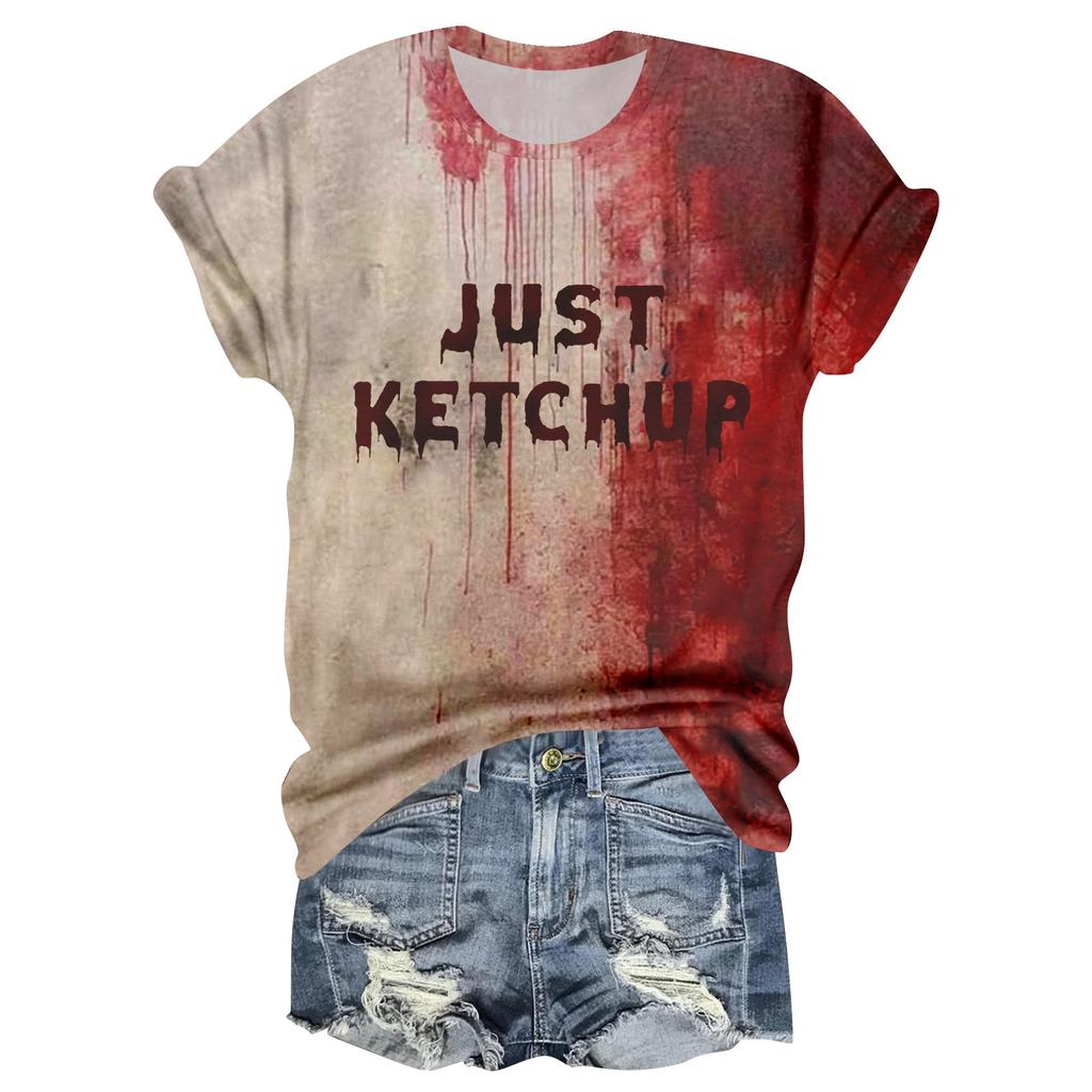 Women's Casual Round Neck Halloween Print Short Sleeve T-Shirt Top