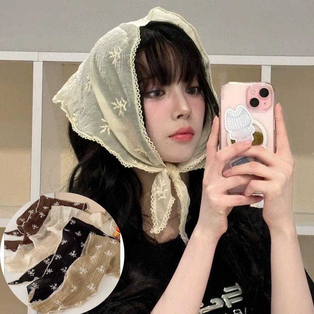 French Lace Triangle Scarf Embroidered Floral Design Women's Headscarf Hairband Sweet Summer Headwear Spring Shawl for Women