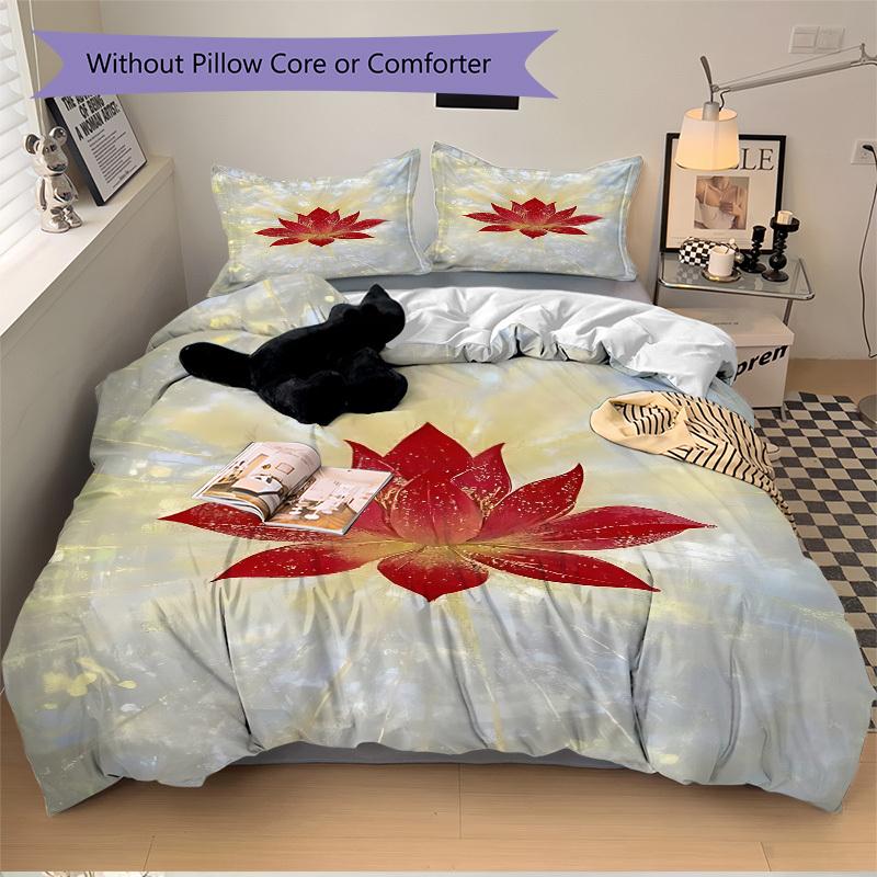 3pcs Lotus Flower Print Duvet Cover Set - Machine Washable, Includes 1 Cover and 2 Pillowcases, No Core Included yy251013078