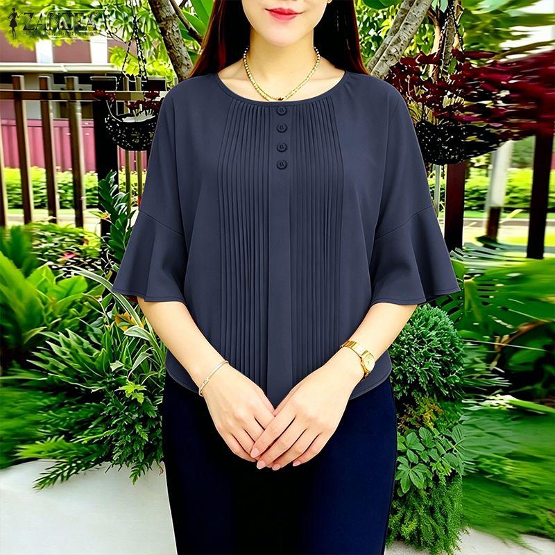 ZANZEA Women Casual Round Neck Solid Color Loose 3/4 Sleeve Blouse