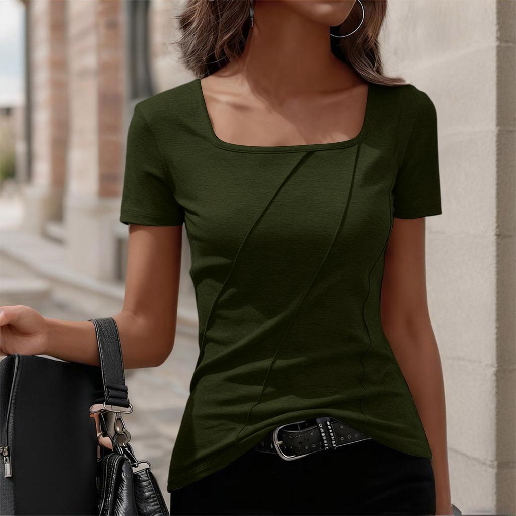 Women’s Fashion Elegant Square Neck Short Sleeve T-Shirt Top with Stripe for Casual and Office Wear