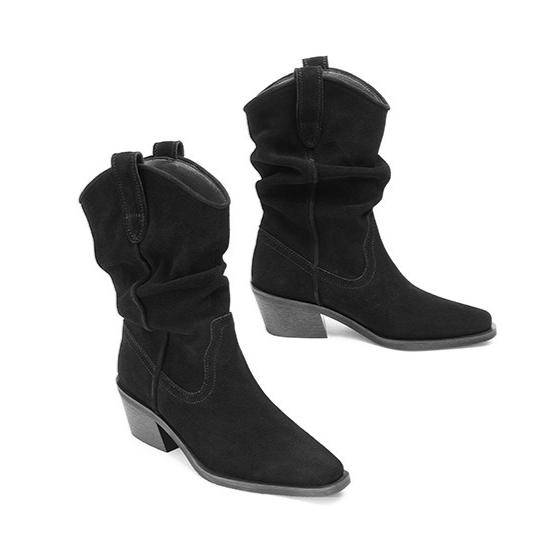 

high-end Leather Chelsea Boots for Women Winter New Chunky Heeled Cowboy Boots Woman Loose Tube Mid-calf Pleated Western Bootie 35
