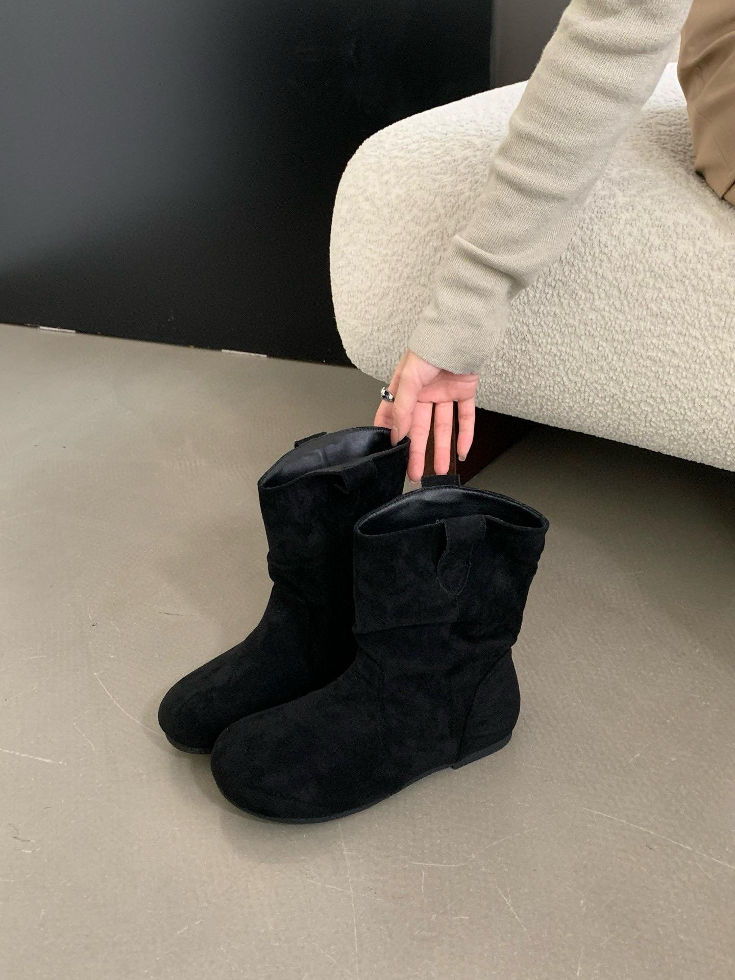 

Retro suede apricot stacked short boots women s shoes 2025 new spring and autumn single boots with skirts and thin Birkenstock boots 35 чёрный