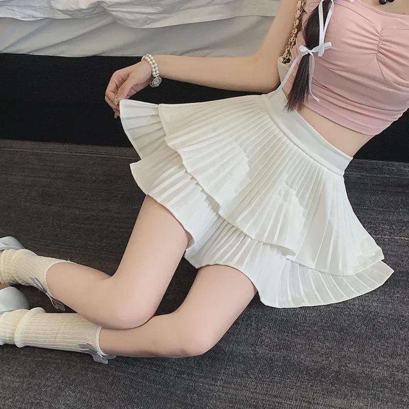 2025 Summer Korean Style Women's Petite Pleated Midi Skirt with Elastic Waist and Slimming Fluffy Design