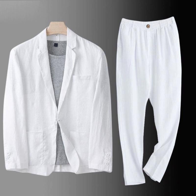 Men's Summer Korean Style Linen Suit Slim Fit Thin Cotton Linen Casual Loose Jacket Sun Protection Two-Piece Set