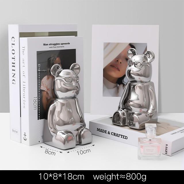 Silver Violent Bear Ceramic Bookend  Decoration Living Room Light Luxury Porch Bookcase Net Red Cartoon Doll Room Decorations