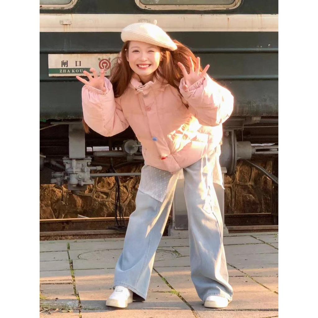 Simple pink design color buckle bread jacket women's winter new versatile loose student hooded cotton jacket