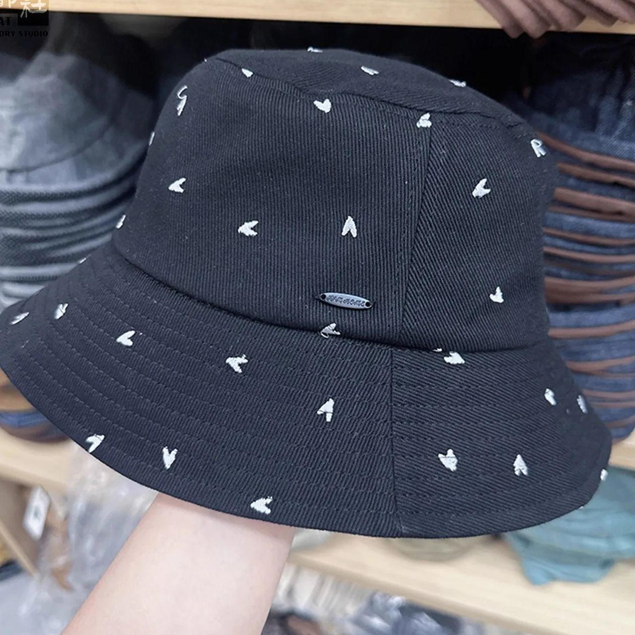 My Extreme Outdoor Activities Women's Black Bucket Hat Heart Pattern Fisherman Cap Spring Autumn White Sunshade Foldable Bucket Cap Casual New 56-58Cm