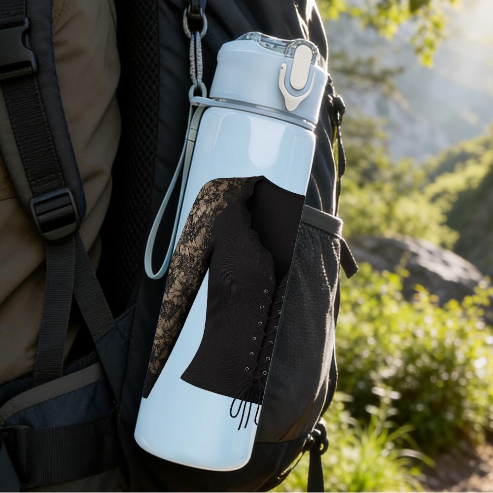 1PC Black Lace Corset Design 750ml Color Plastic Sports Water Bottle Leakproof Flip Straw Lid Suitable for Sports Office Home Use