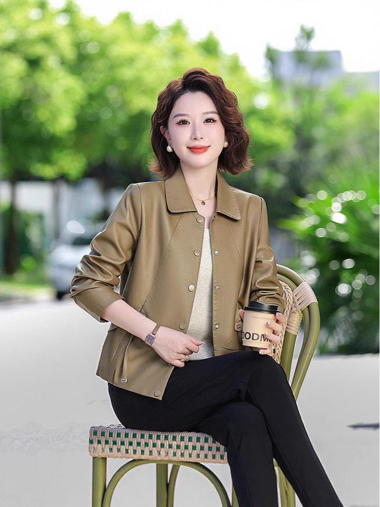 New Hot Style PU Leather Jacket for Middle-Aged and Elderly Women - Petite Spring and Autumn Suit Jacket