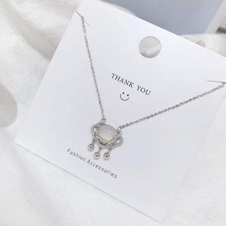 Japanese Korean White Chalcedony Longevity Peace Lock Necklace with Bell Pendant - Niche Design for Women
