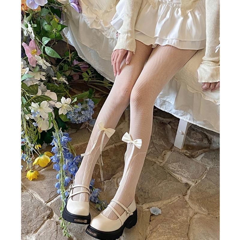 Women Japanese Ballet Sheer Mesh Pantyhose Stockings Crisscross Pattern Cute Ribbon Bowknot Fishnet Tights Leggings